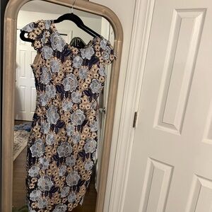 Xscape Navy and Cream Floral Midi Dress
